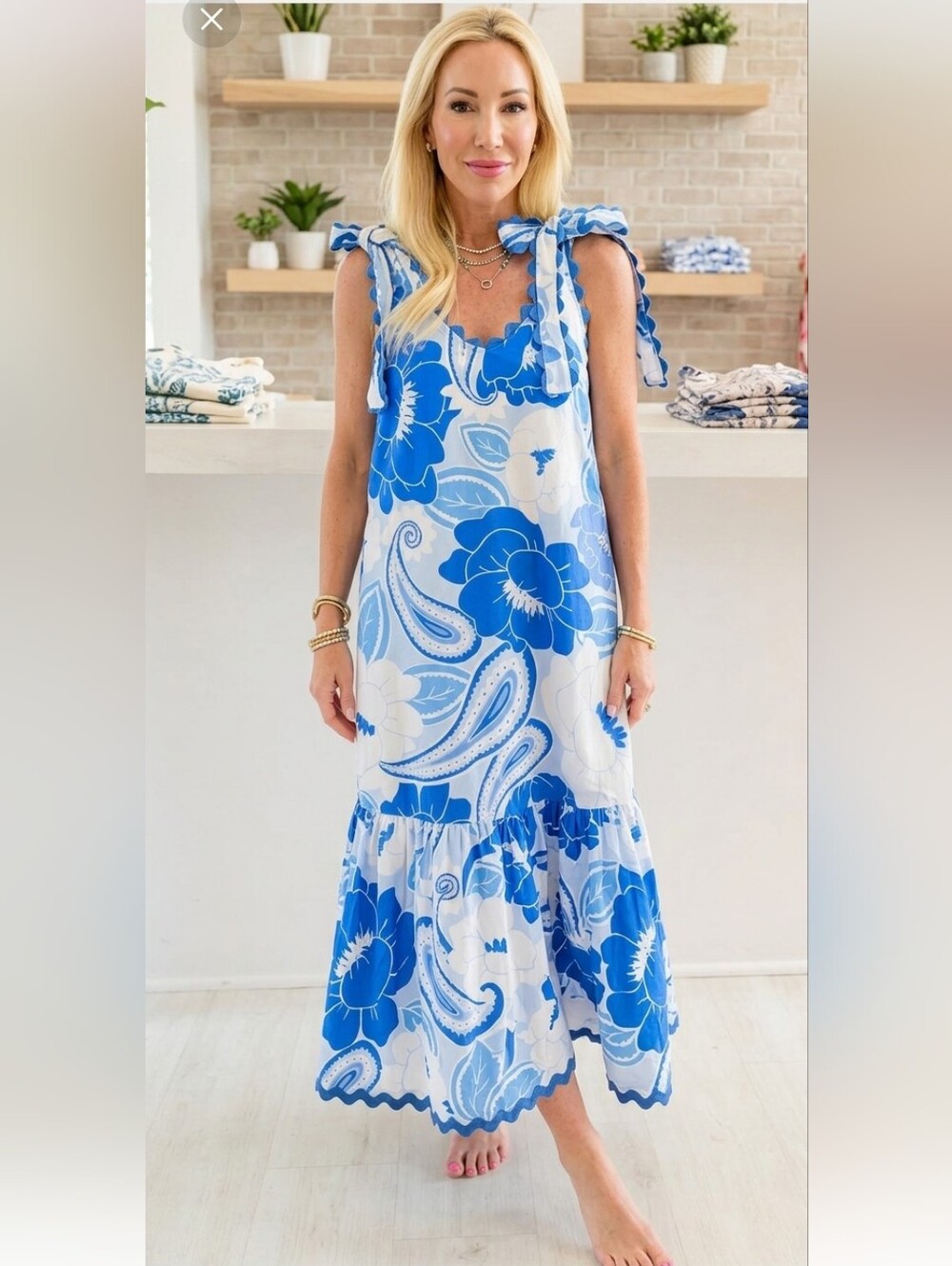 j.marie 100% Cotton Flounced Bow Tie Straps Summer Floral Midi Dress* Blue SzS